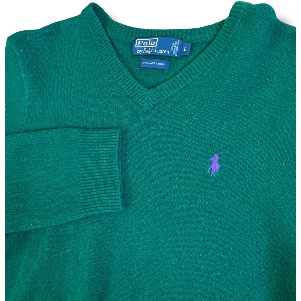 Polo Ralph Lauren Mens Green Lambswool V-Neck Sweater Purple Pony Logo‎ Size L